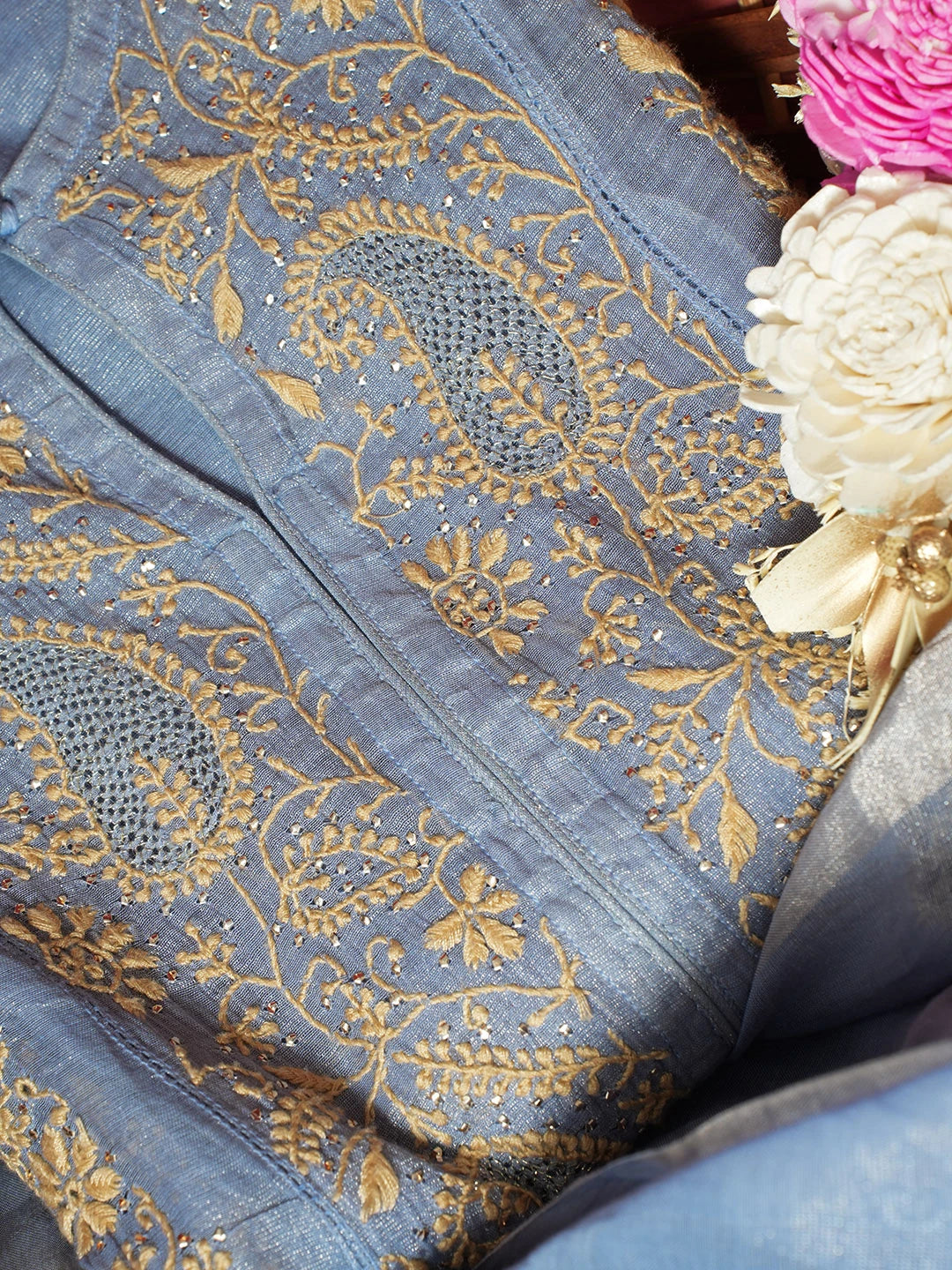 Ada Hand Embroidered Vista Blue Tissue Lucknowi Chikankari Semi-stitched Kurta Dupatta Set With Muqaish Work 01A558476