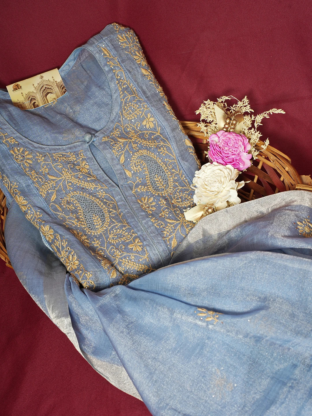 Ada Hand Embroidered Vista Blue Tissue Lucknowi Chikankari Semi-stitched Kurta Dupatta Set With Muqaish Work 01A558476