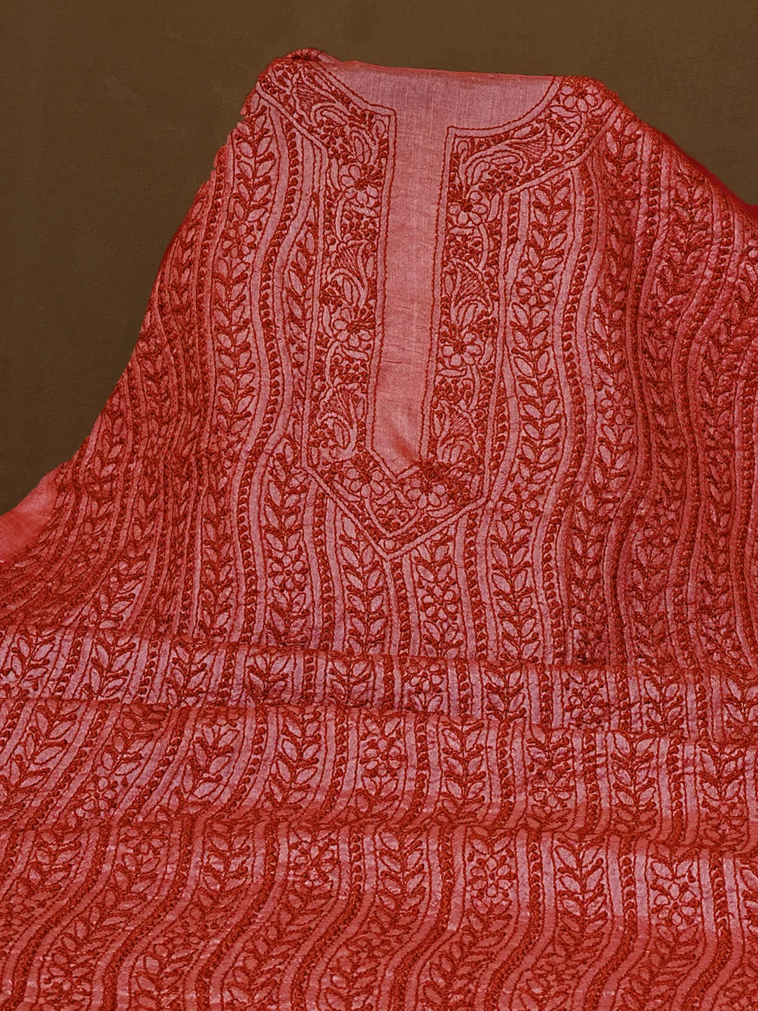 Ada Hand Embroidered Rust Silk Lucknowi Chikankari Men's Kurta Piece 01A584598