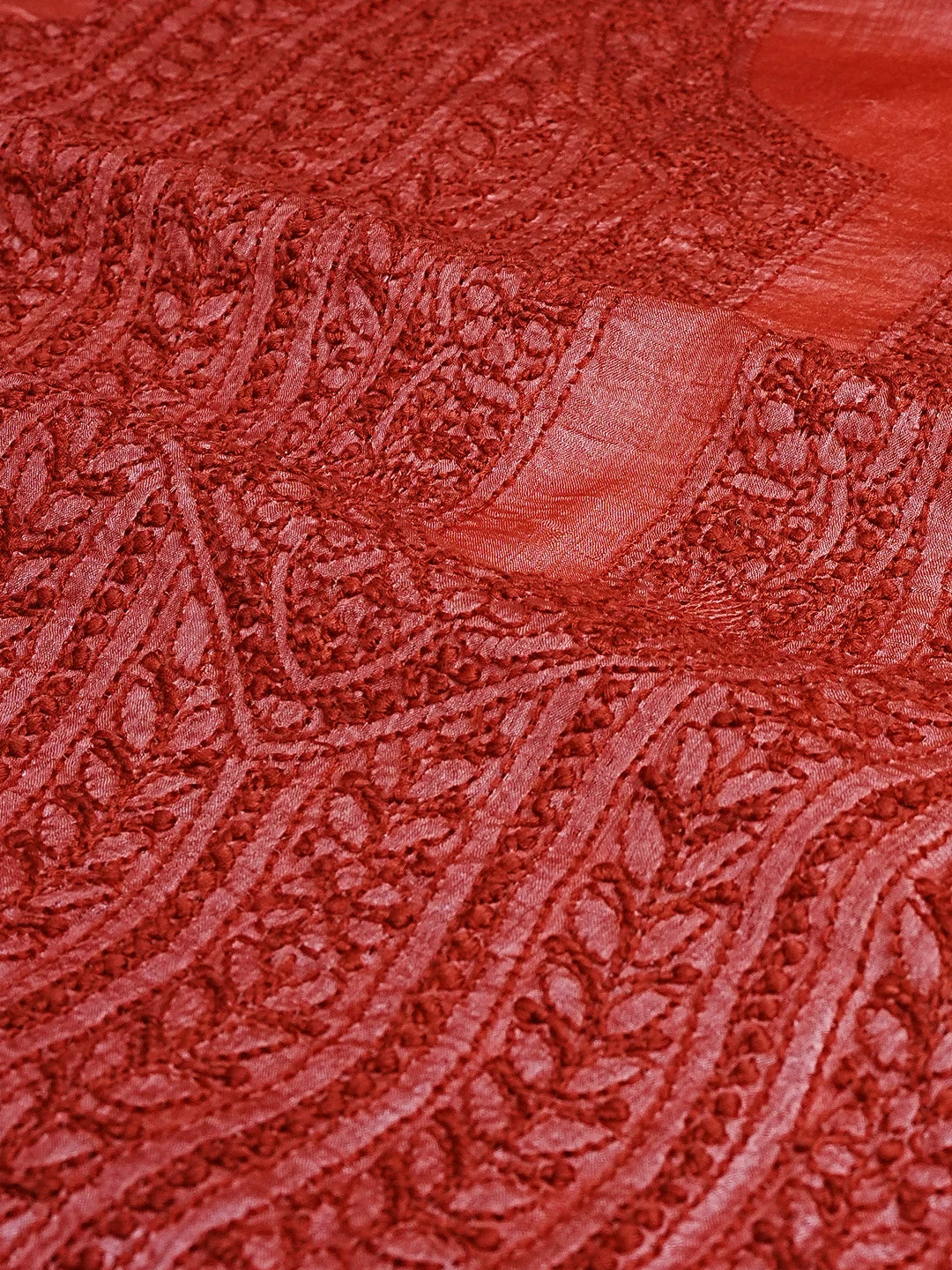 Ada Hand Embroidered Rust Silk Lucknowi Chikankari Men's Kurta Piece 01A584598
