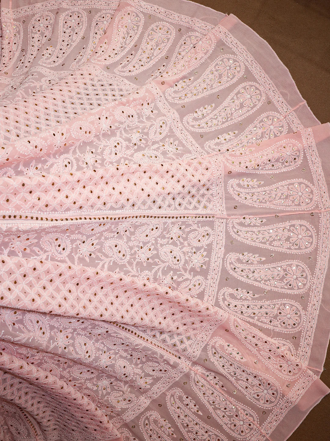 Ada Hand Embroidered Pastel Peach Pure Georgette Lucknowi Chikankari Lehenga Skirt With Mukaish Work 01A118631