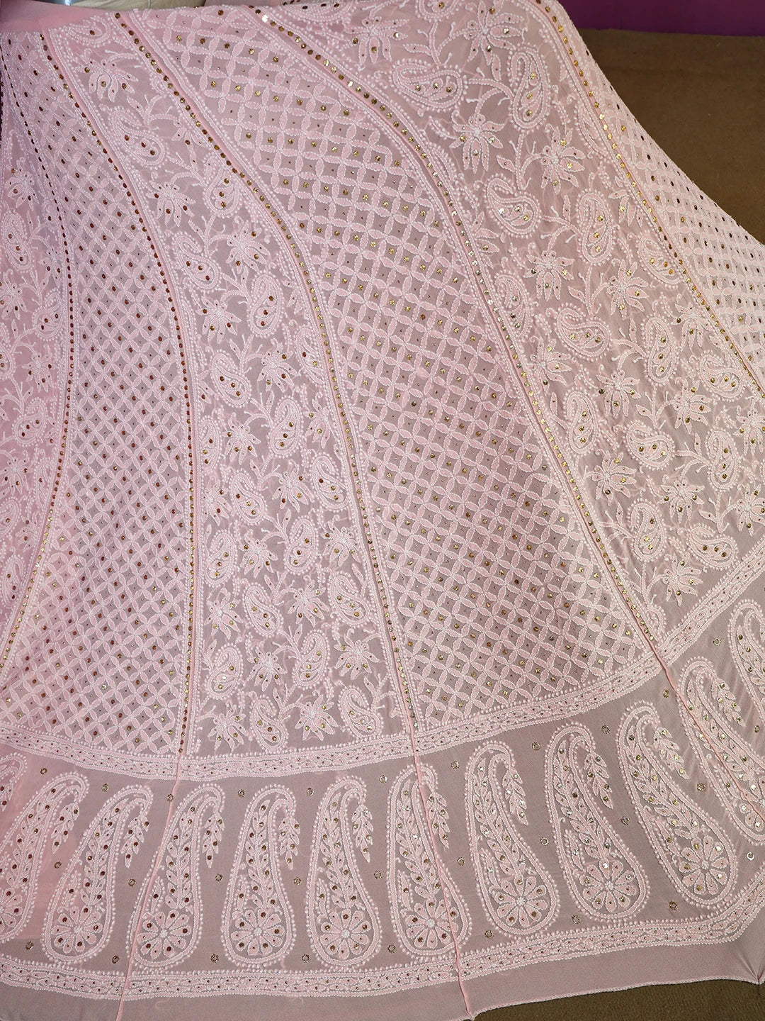 Ada Hand Embroidered Pastel Peach Pure Georgette Lucknowi Chikankari Lehenga Skirt With Mukaish Work 01A118631