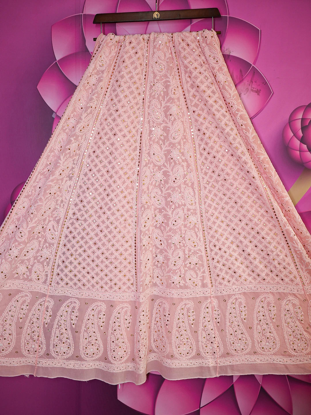 Ada Hand Embroidered Pastel Peach Pure Georgette Lucknowi Chikankari Lehenga Skirt With Mukaish Work 01A118631