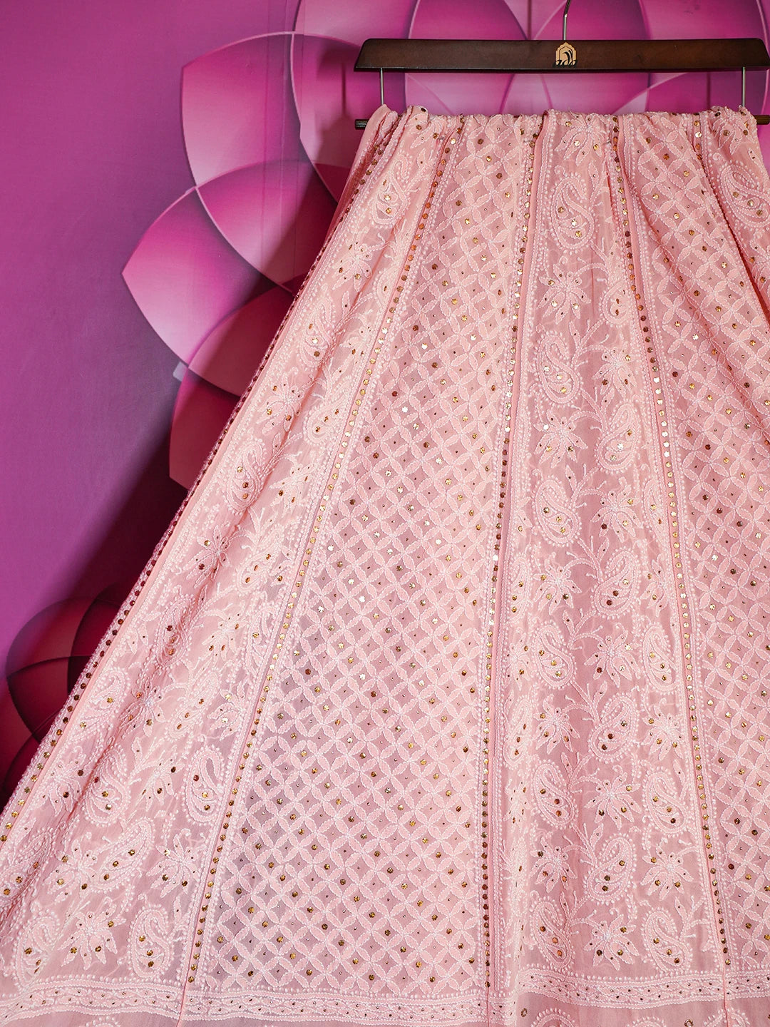 Ada Hand Embroidered Pastel Peach Pure Georgette Lucknowi Chikankari Lehenga Skirt With Mukaish Work 01A118631