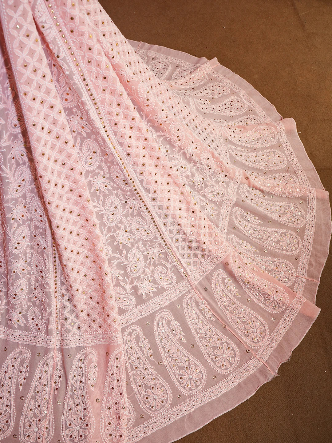 Ada Hand Embroidered Pastel Peach Pure Georgette Lucknowi Chikankari Lehenga Skirt With Mukaish Work 01A118631