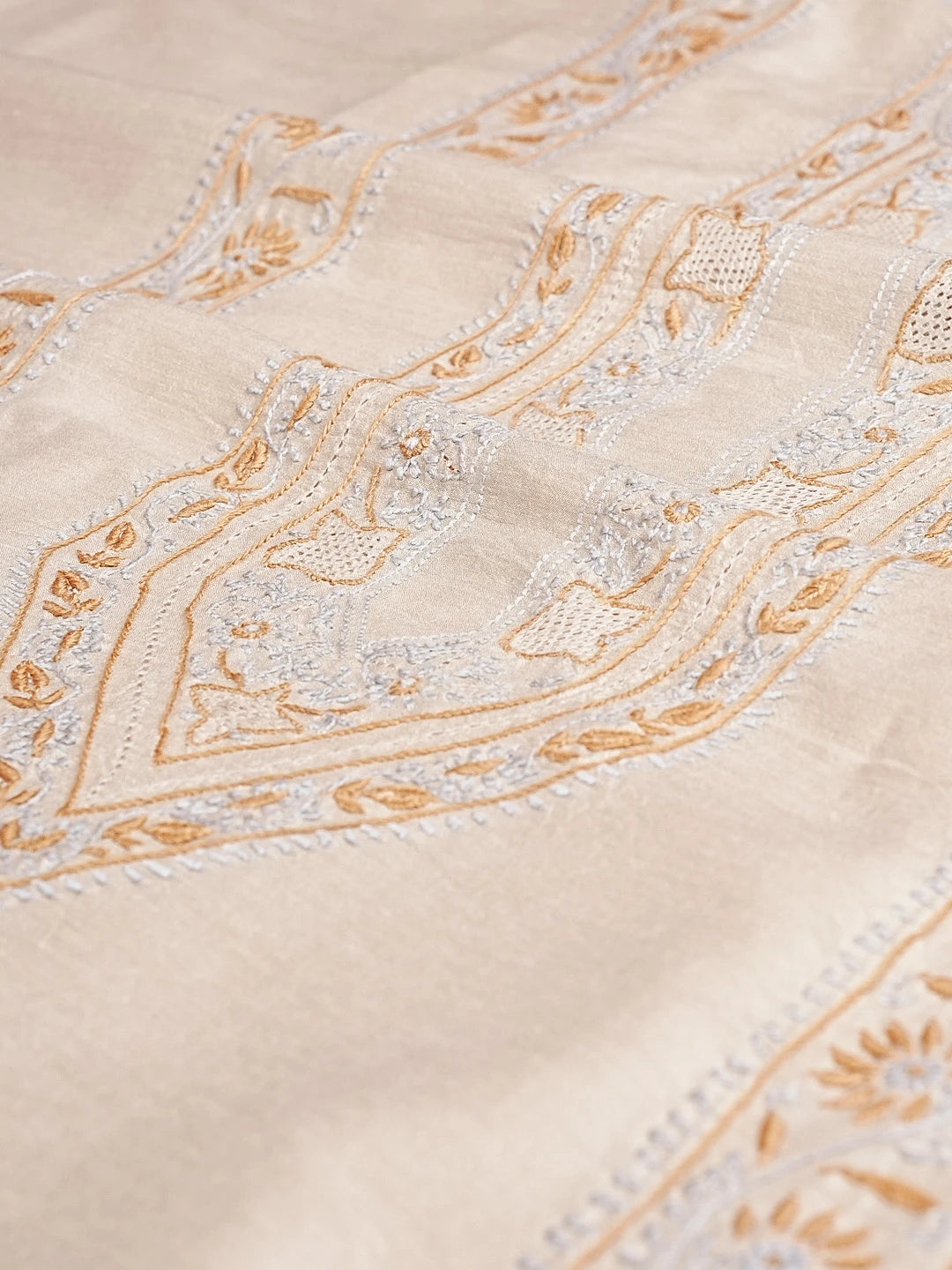 Ada Hand Embroidered Fawn Moonga Silk Lucknowi Chikankari Men's Kurta Piece 01A581229