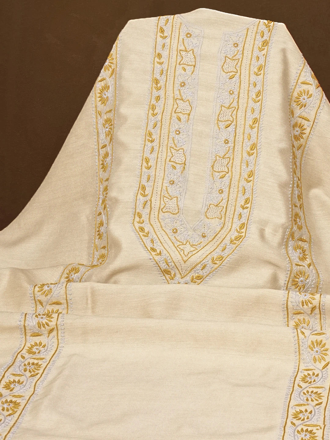Ada Hand Embroidered Fawn Moonga Silk Lucknowi Chikankari Men's Kurta Piece 01A581229