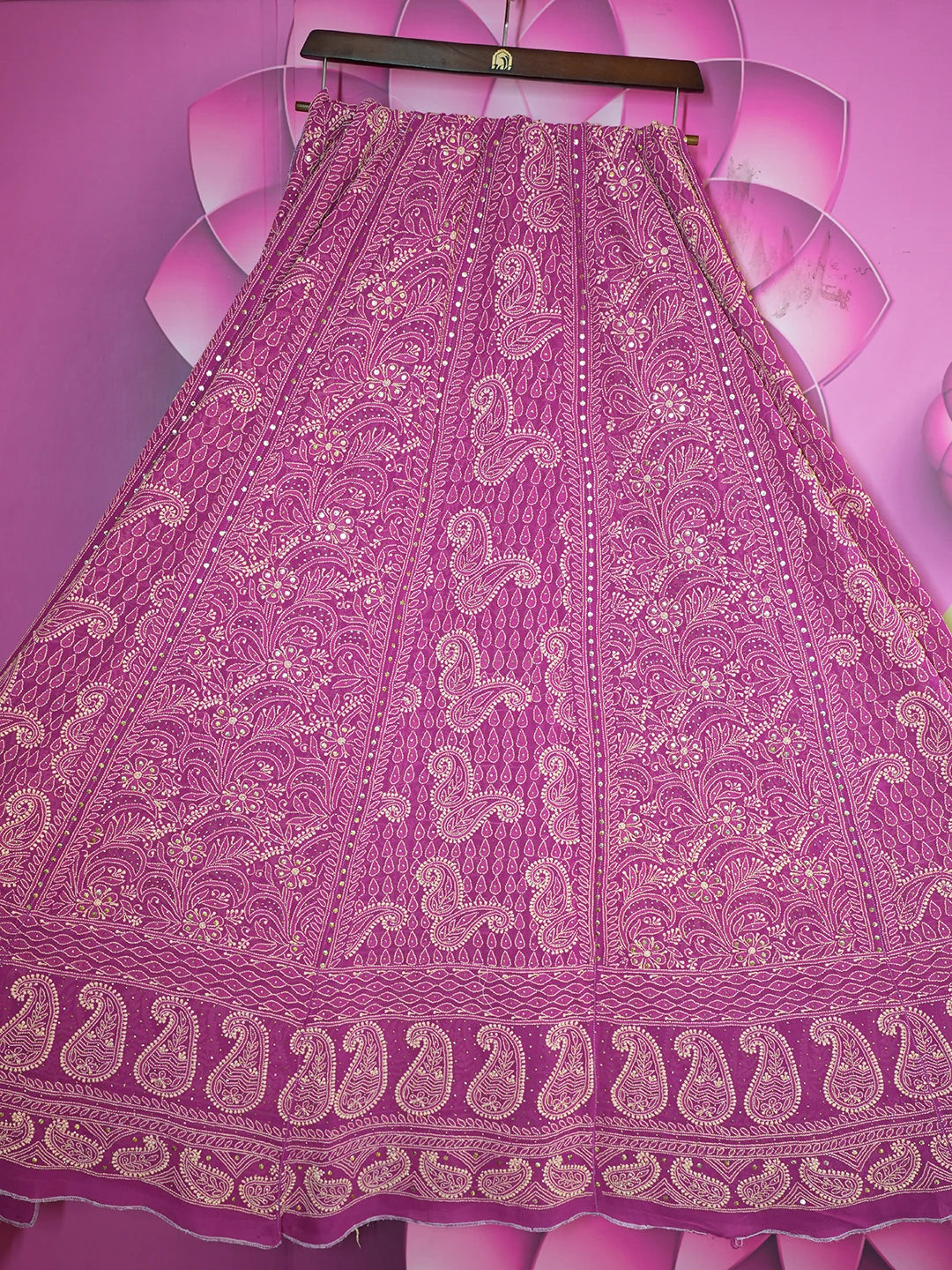 Ada Hand Embroidered Dark Magenta Pure Georgette Lucknowi Chikankari Lehenga Skirt With Mukaish Work 01A194904
