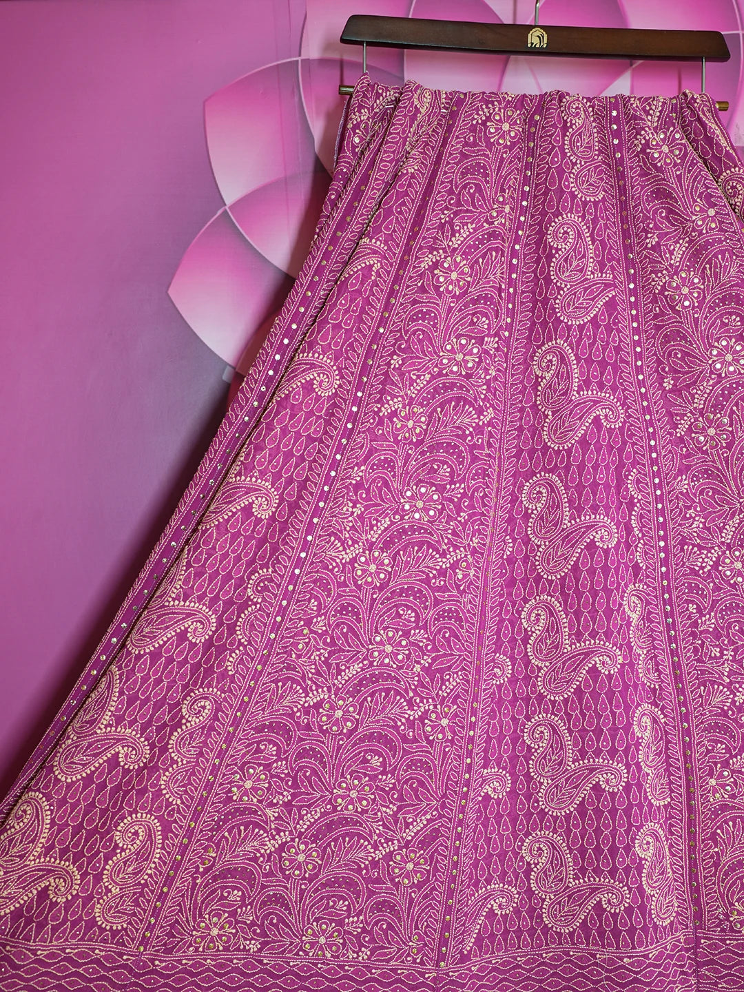 Ada Hand Embroidered Dark Magenta Pure Georgette Lucknowi Chikankari Lehenga Skirt With Mukaish Work 01A194904