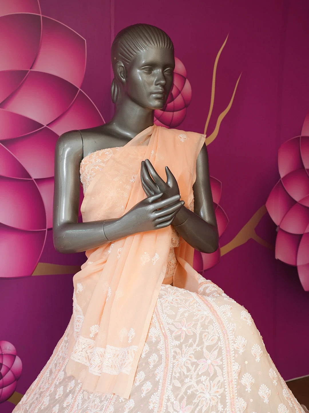 Ada Hand Embroidered Creamy Peach Georgette Lucknowi Chikankari Semi-Stitched Lehenga Set With Sequins Work 01A559189