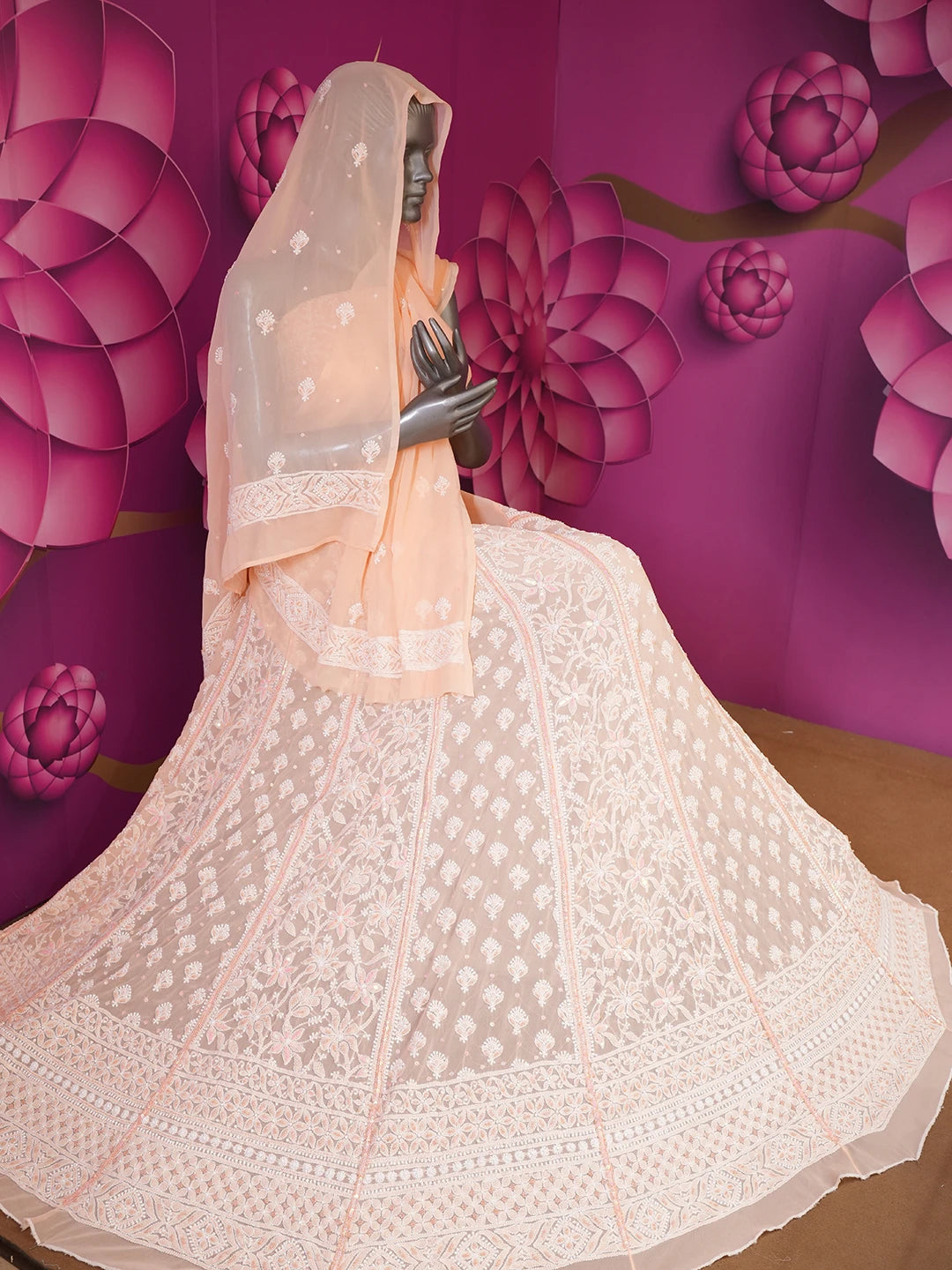 Ada Hand Embroidered Creamy Peach Georgette Lucknowi Chikankari Semi-Stitched Lehenga Set With Sequins Work 01A559189