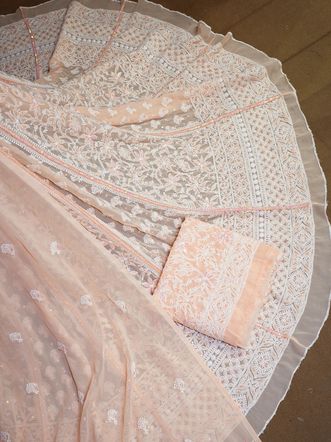 Ada Hand Embroidered Creamy Peach Georgette Lucknowi Chikankari Semi-Stitched Lehenga Set With Sequins Work 01A559189