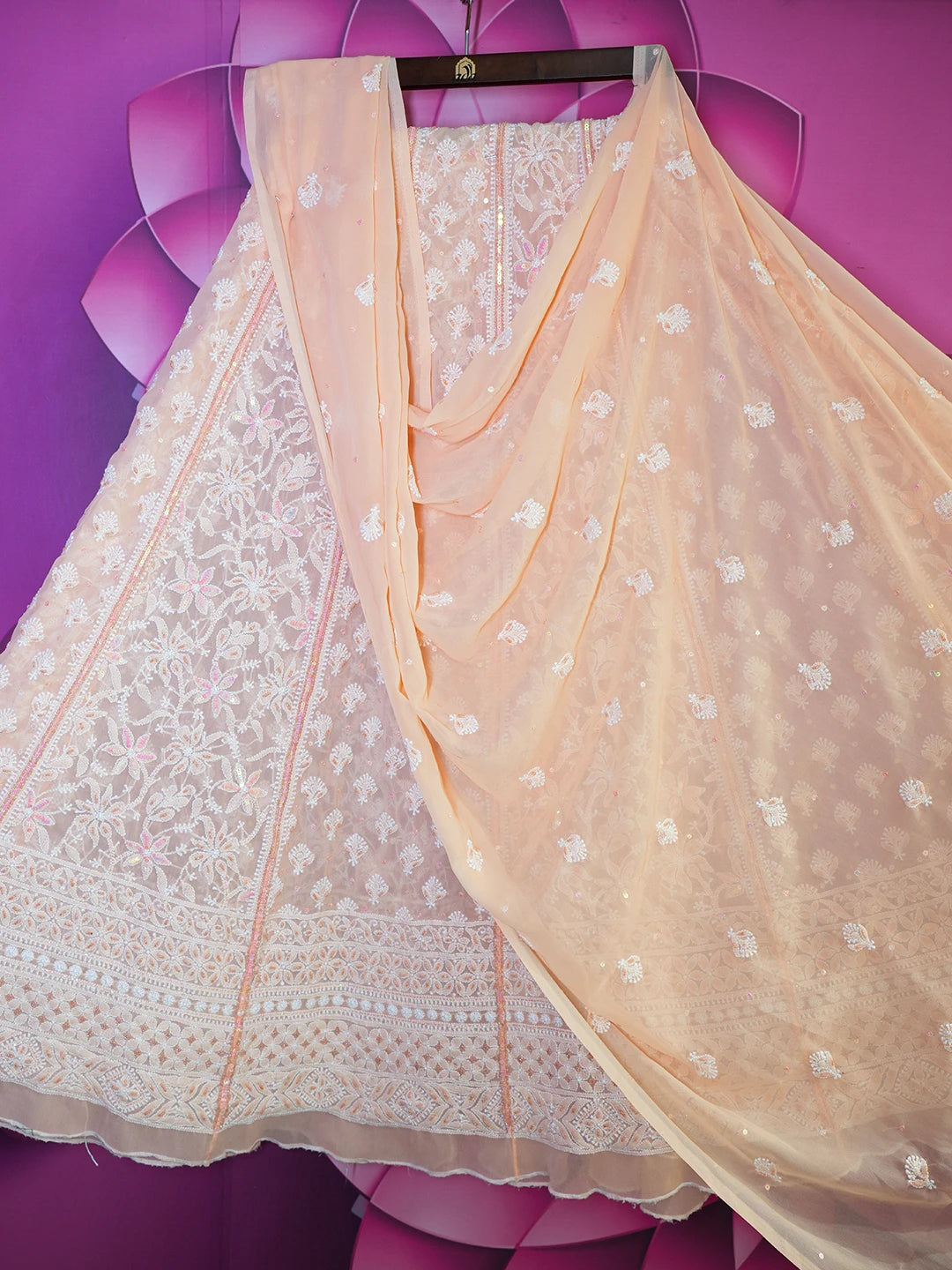 Ada Hand Embroidered Creamy Peach Georgette Lucknowi Chikankari Semi-Stitched Lehenga Set With Sequins Work 01A559189