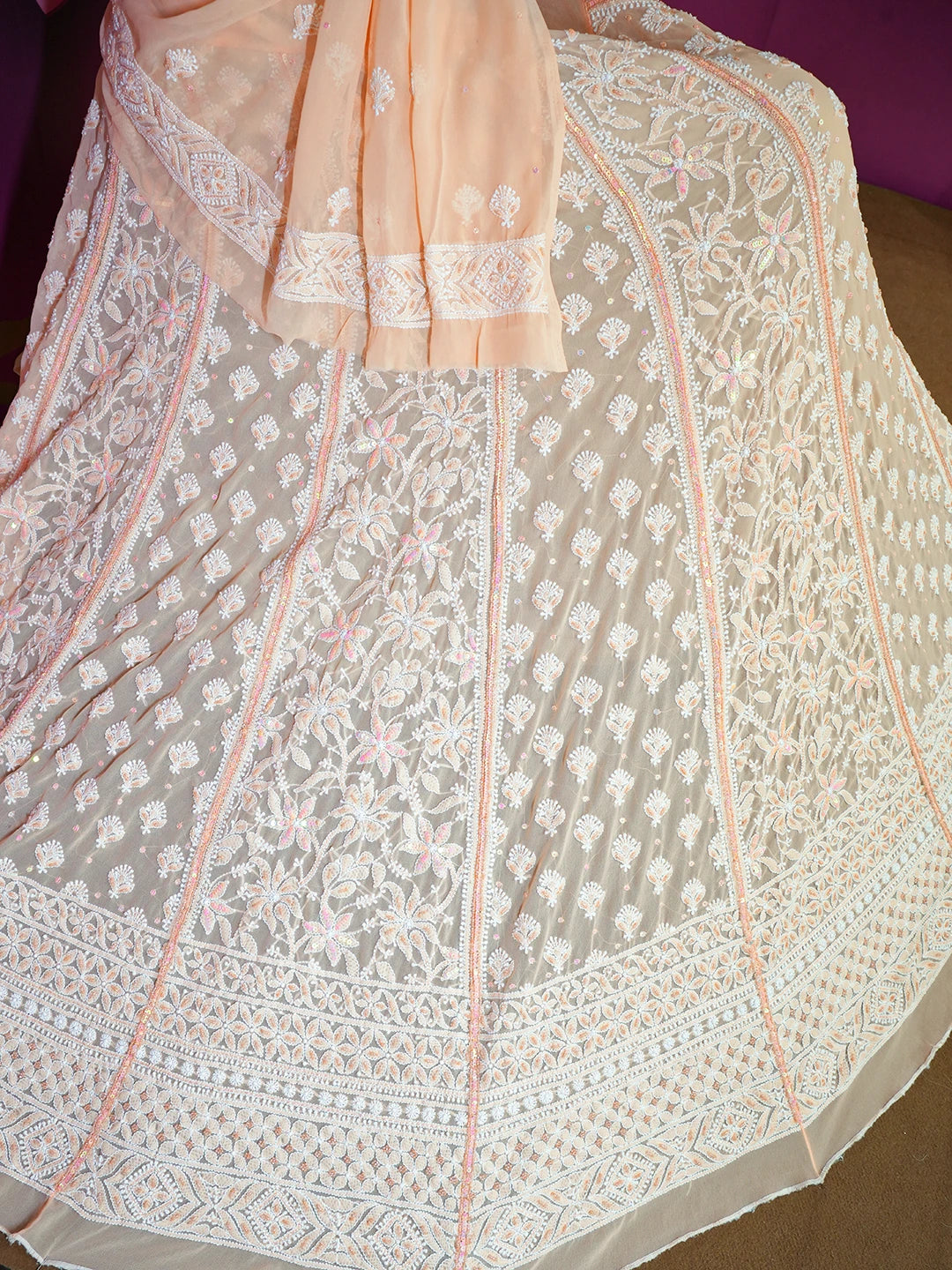 Ada Hand Embroidered Creamy Peach Georgette Lucknowi Chikankari Semi-Stitched Lehenga Set With Sequins Work 01A559189