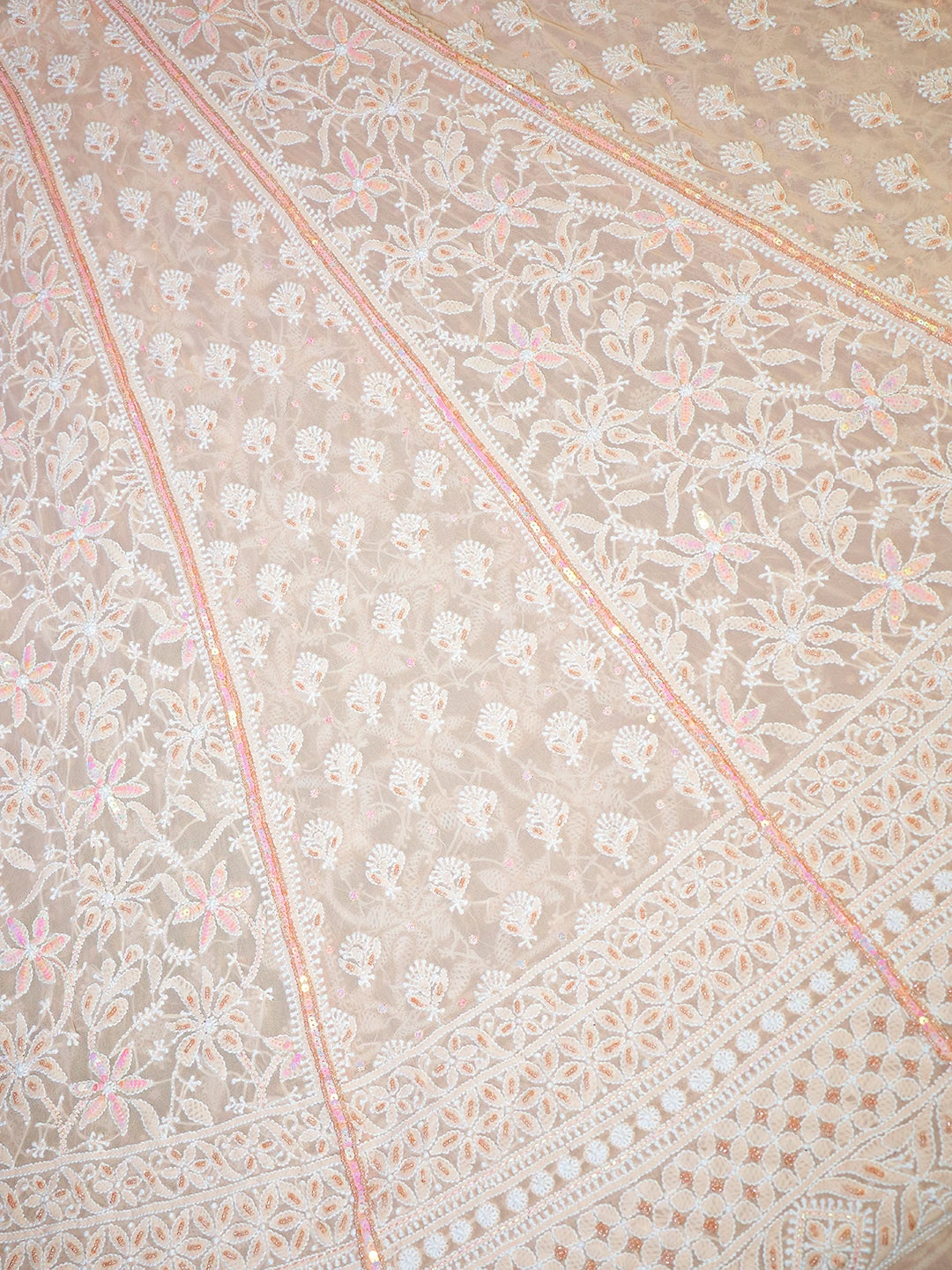 Ada Hand Embroidered Creamy Peach Georgette Lucknowi Chikankari Semi-Stitched Lehenga Set With Sequins Work 01A559189