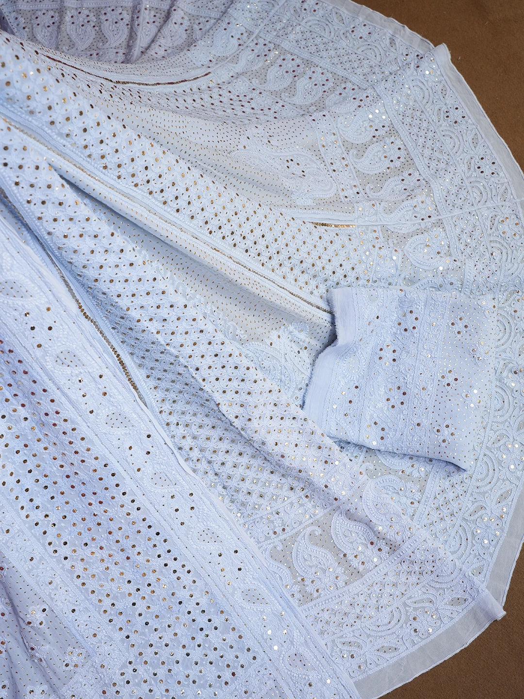Ada Hand Embroidered Light Blue Viscose Georgette Lucknowi Chikankari Lehenga Set With Muqaish Work 01A559590