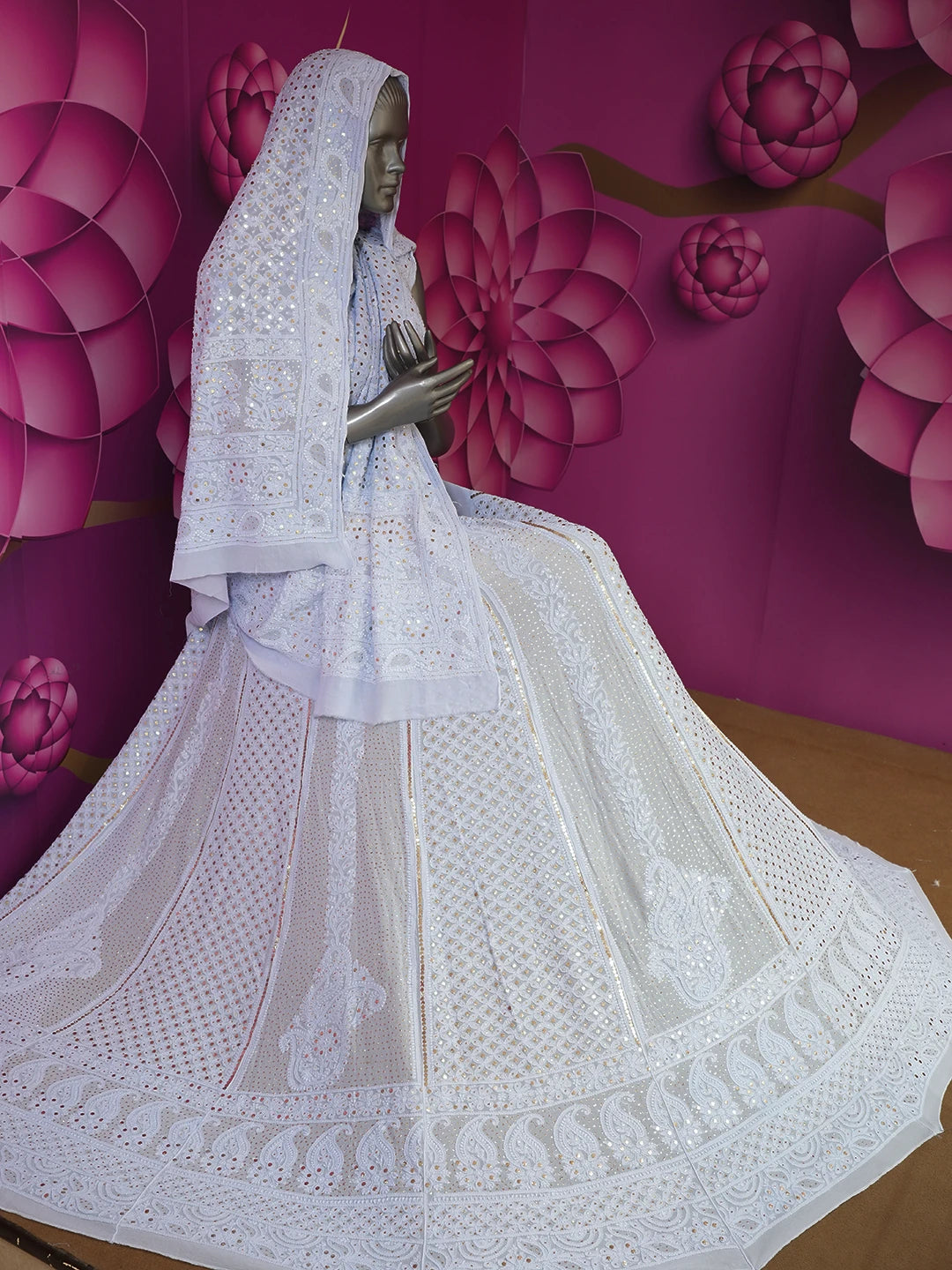 Ada Hand Embroidered Light Blue Viscose Georgette Lucknowi Chikankari Lehenga Set With Muqaish Work 01A559590