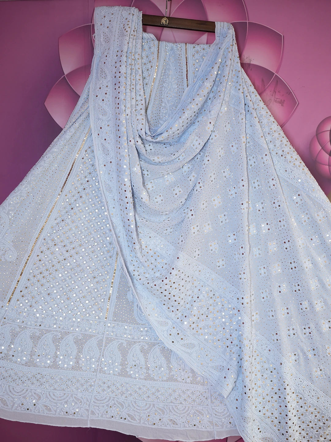 Ada Hand Embroidered Light Blue Viscose Georgette Lucknowi Chikankari Lehenga Set With Muqaish Work 01A559590