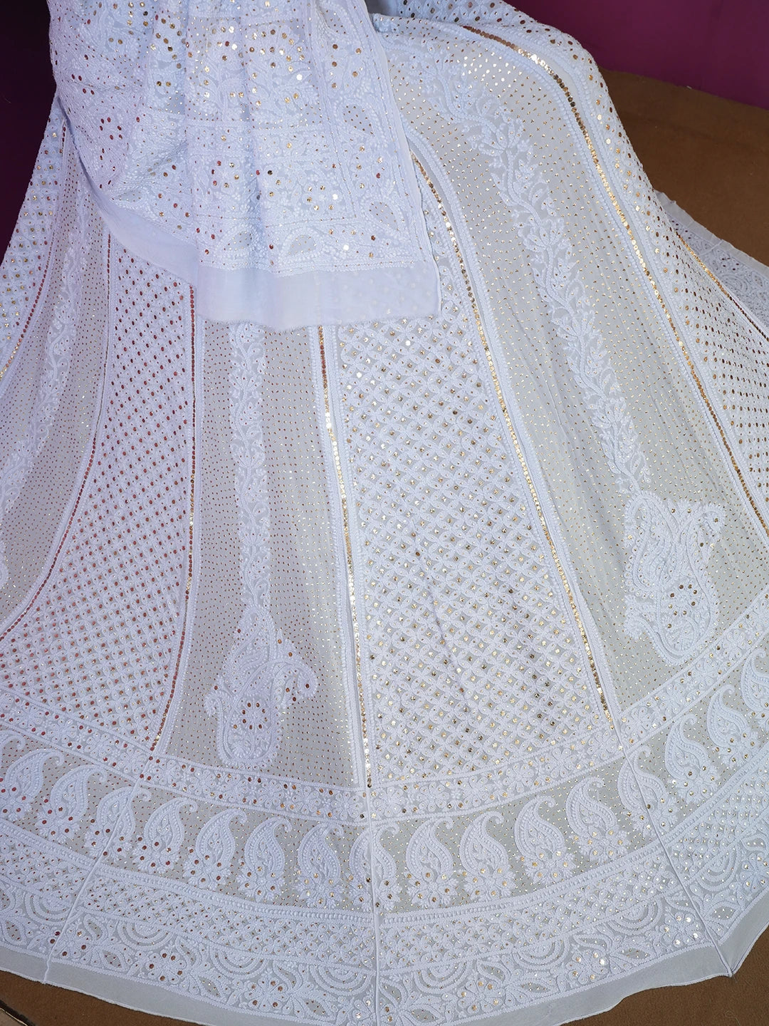 Ada Hand Embroidered Light Blue Viscose Georgette Lucknowi Chikankari Lehenga Set With Muqaish Work 01A559590