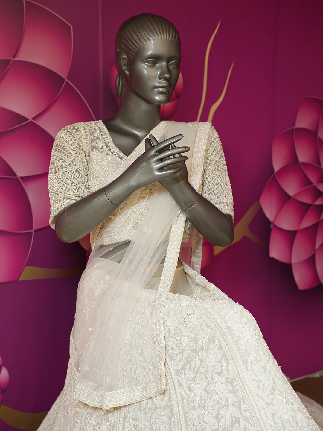 Ada Hand Embroidered Off White Pure Georgette Lucknowi Chikankari Lehenga Set With Pearl Work 01A549587