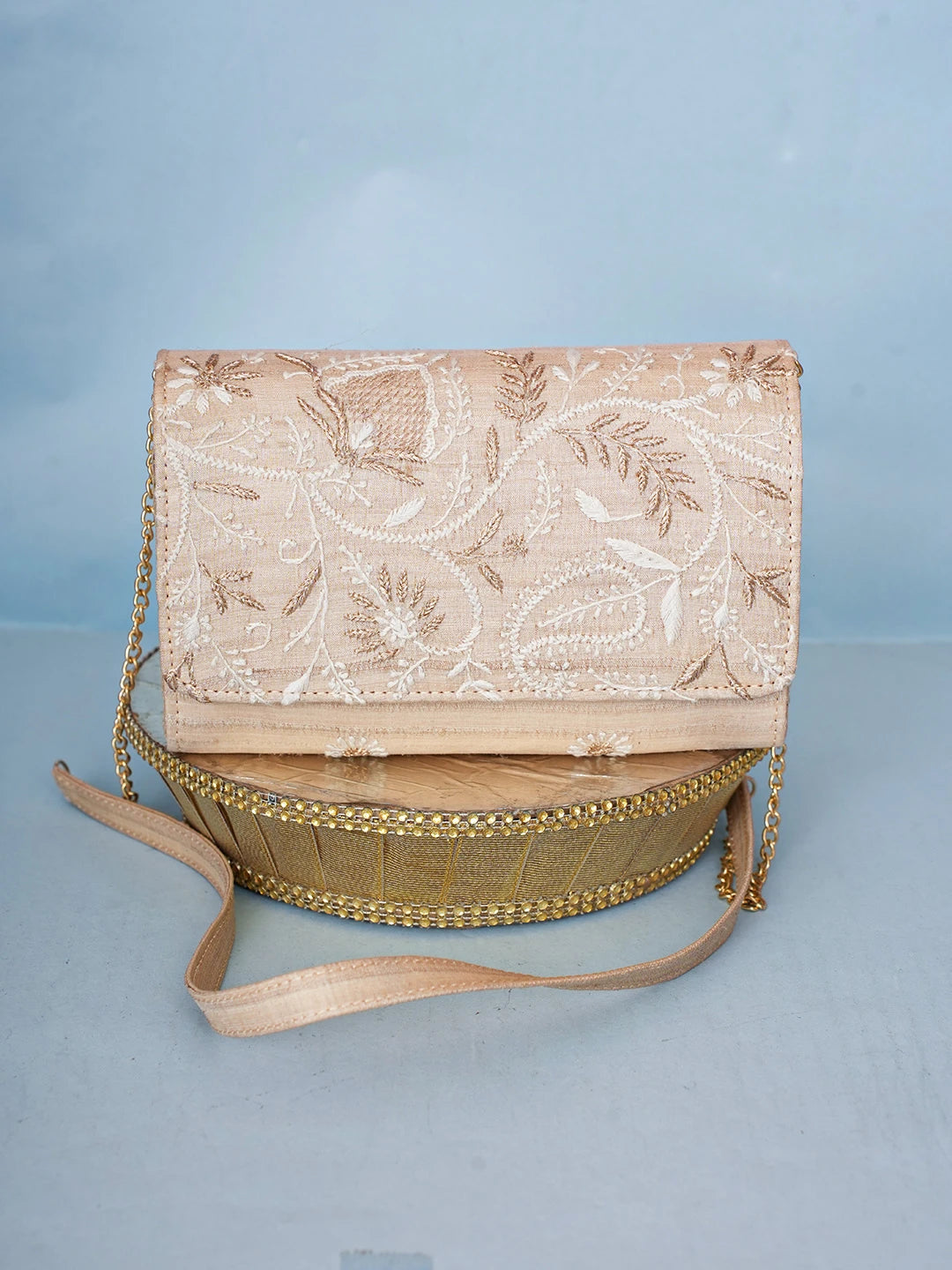 Ada Hand Embroidered Fawn Silk Lucknowi Chikankari Clutch With Zari Work 01A589692