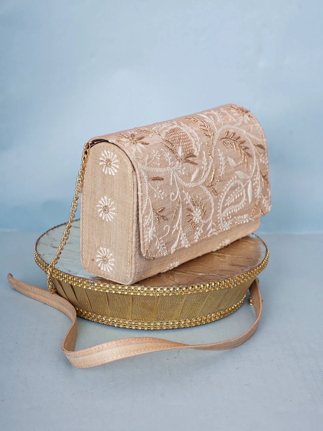 Ada Hand Embroidered Fawn Silk Lucknowi Chikankari Clutch With Zari Work 01A589692