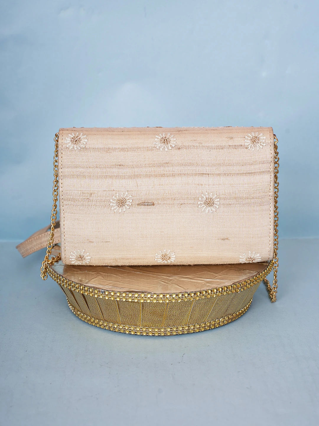 Ada Hand Embroidered Fawn Silk Lucknowi Chikankari Clutch With Zari Work 01A589692