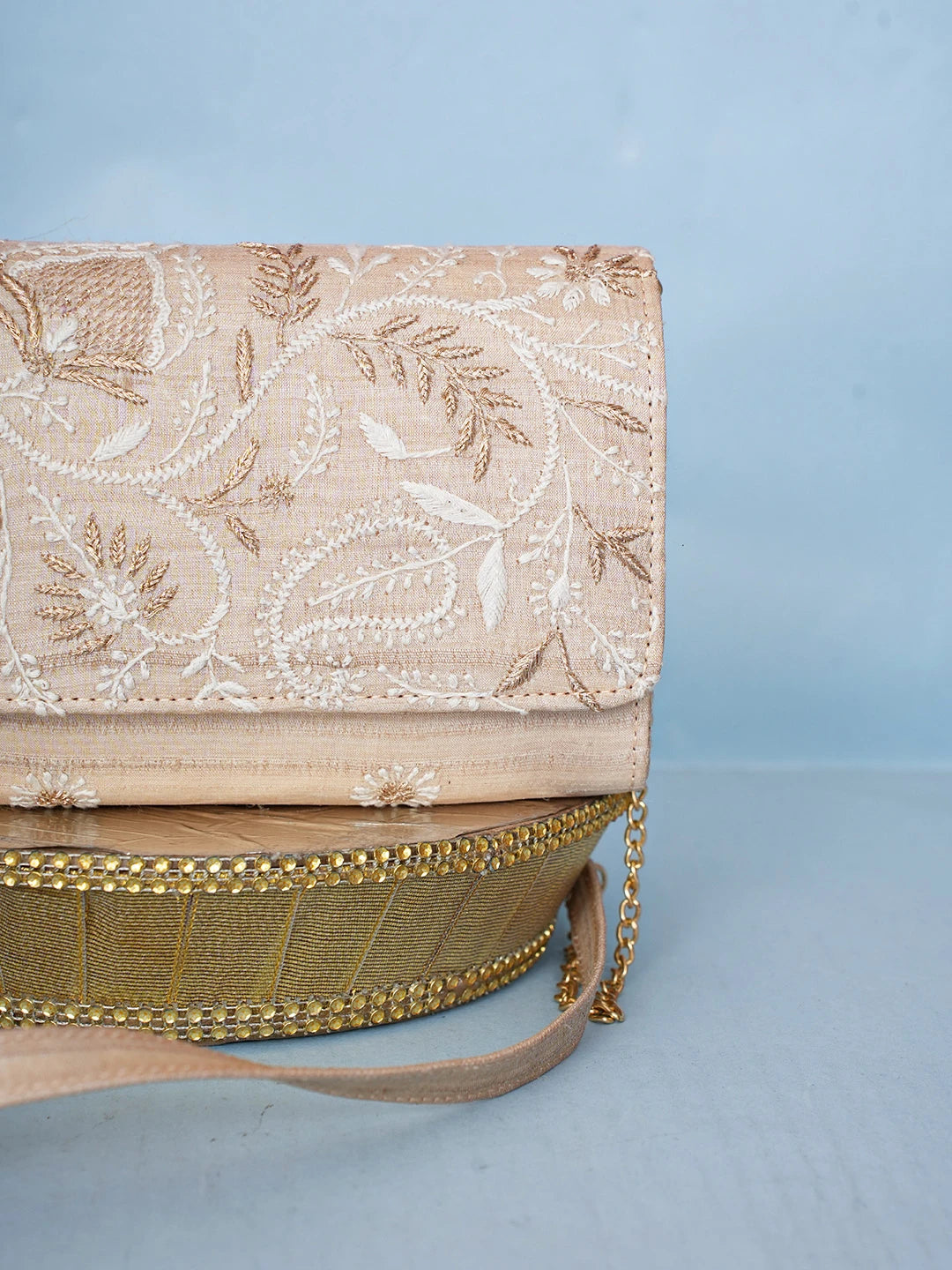 Ada Hand Embroidered Fawn Silk Lucknowi Chikankari Clutch With Zari Work 01A589692