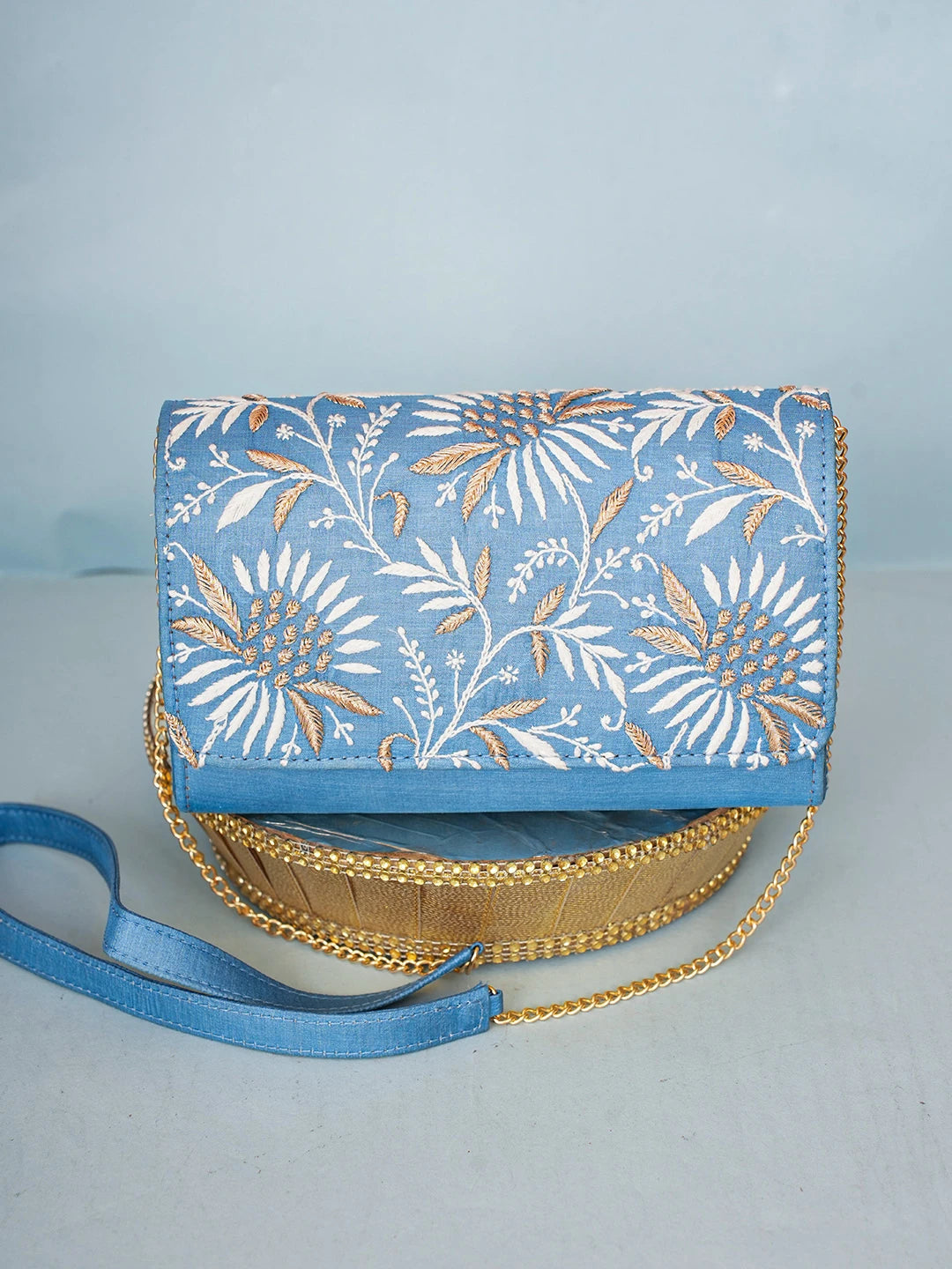 Ada Hand Embroidered Bice Blue Silk Lucknowi Chikankari Clutch With Zari Work 01A589684