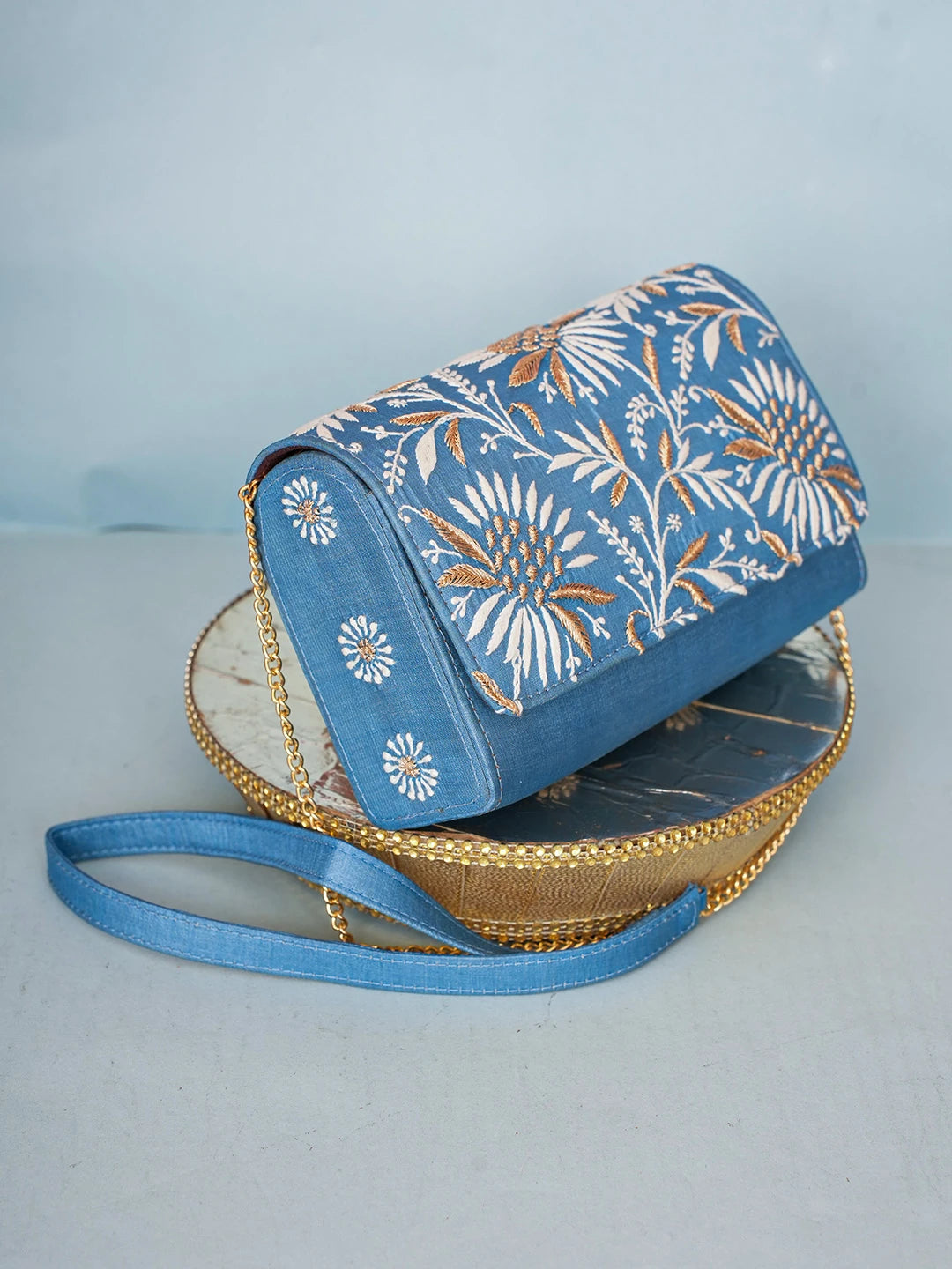 Ada Hand Embroidered Bice Blue Silk Lucknowi Chikankari Clutch With Zari Work 01A589684