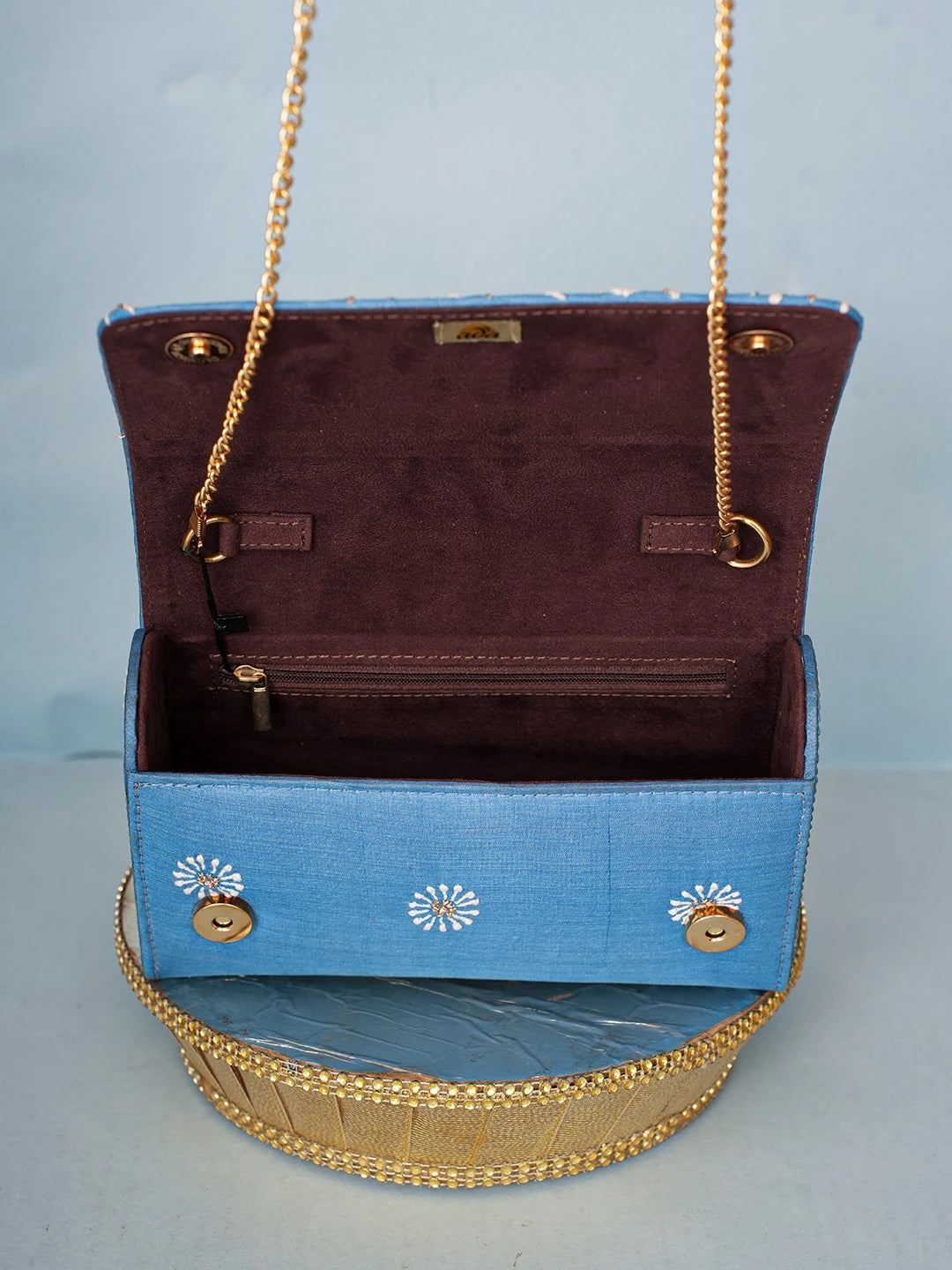 Ada Hand Embroidered Bice Blue Silk Lucknowi Chikankari Clutch With Zari Work 01A589684