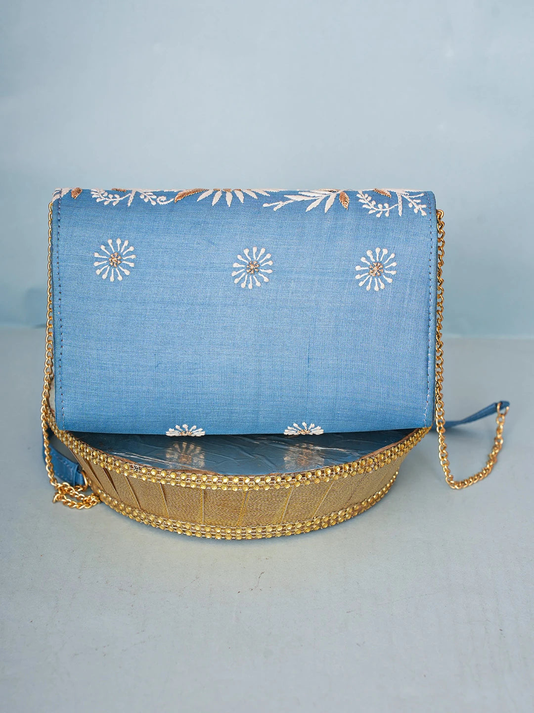 Ada Hand Embroidered Bice Blue Silk Lucknowi Chikankari Clutch With Zari Work 01A589684
