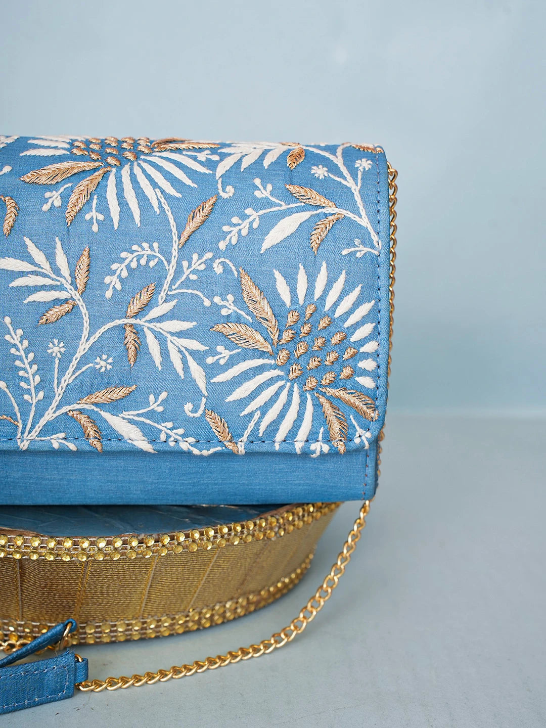 Ada Hand Embroidered Bice Blue Silk Lucknowi Chikankari Clutch With Zari Work 01A589684