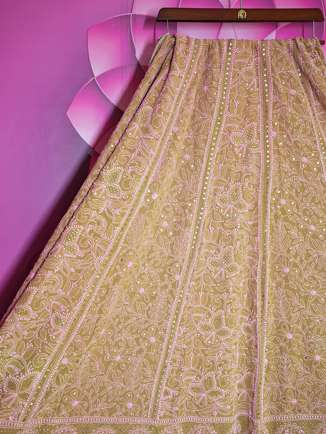 Ada Hand Embroidered Brown Pure Georgette Lucknowi Chikankari Lehenga Skirt With Muqaish Work 01A42026