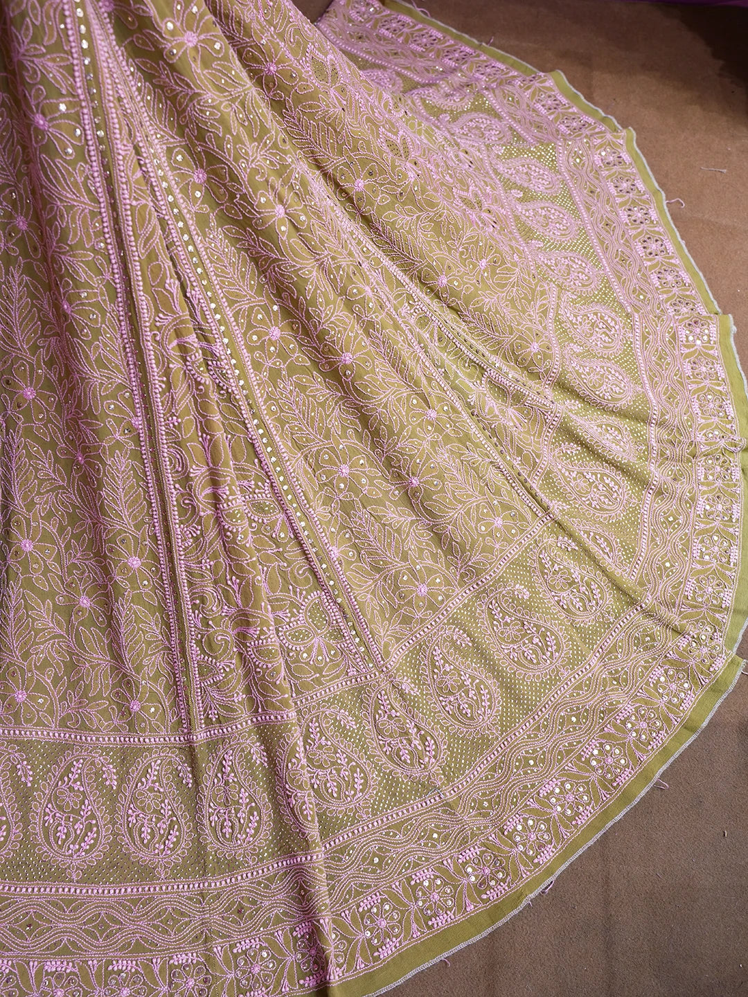 Ada Hand Embroidered Brown Pure Georgette Lucknowi Chikankari Lehenga Skirt With Muqaish Work 01A42026