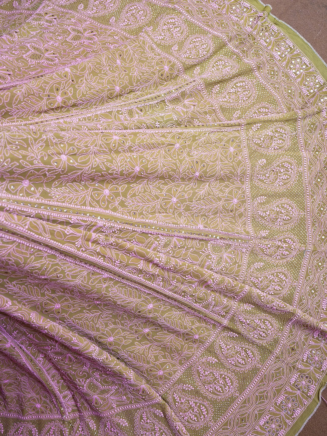 Ada Hand Embroidered Brown Pure Georgette Lucknowi Chikankari Lehenga Skirt With Muqaish Work 01A42026