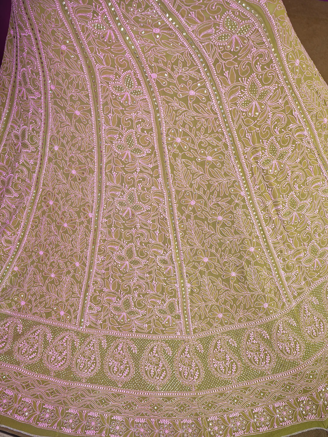 Ada Hand Embroidered Brown Pure Georgette Lucknowi Chikankari Lehenga Skirt With Muqaish Work 01A42026