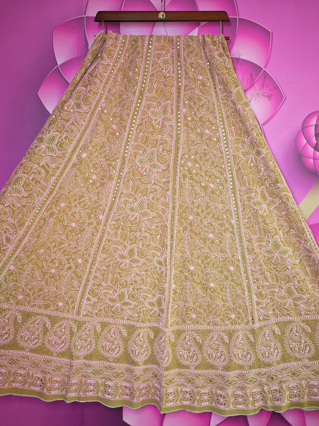 Ada Hand Embroidered Brown Pure Georgette Lucknowi Chikankari Lehenga Skirt With Muqaish Work 01A42026