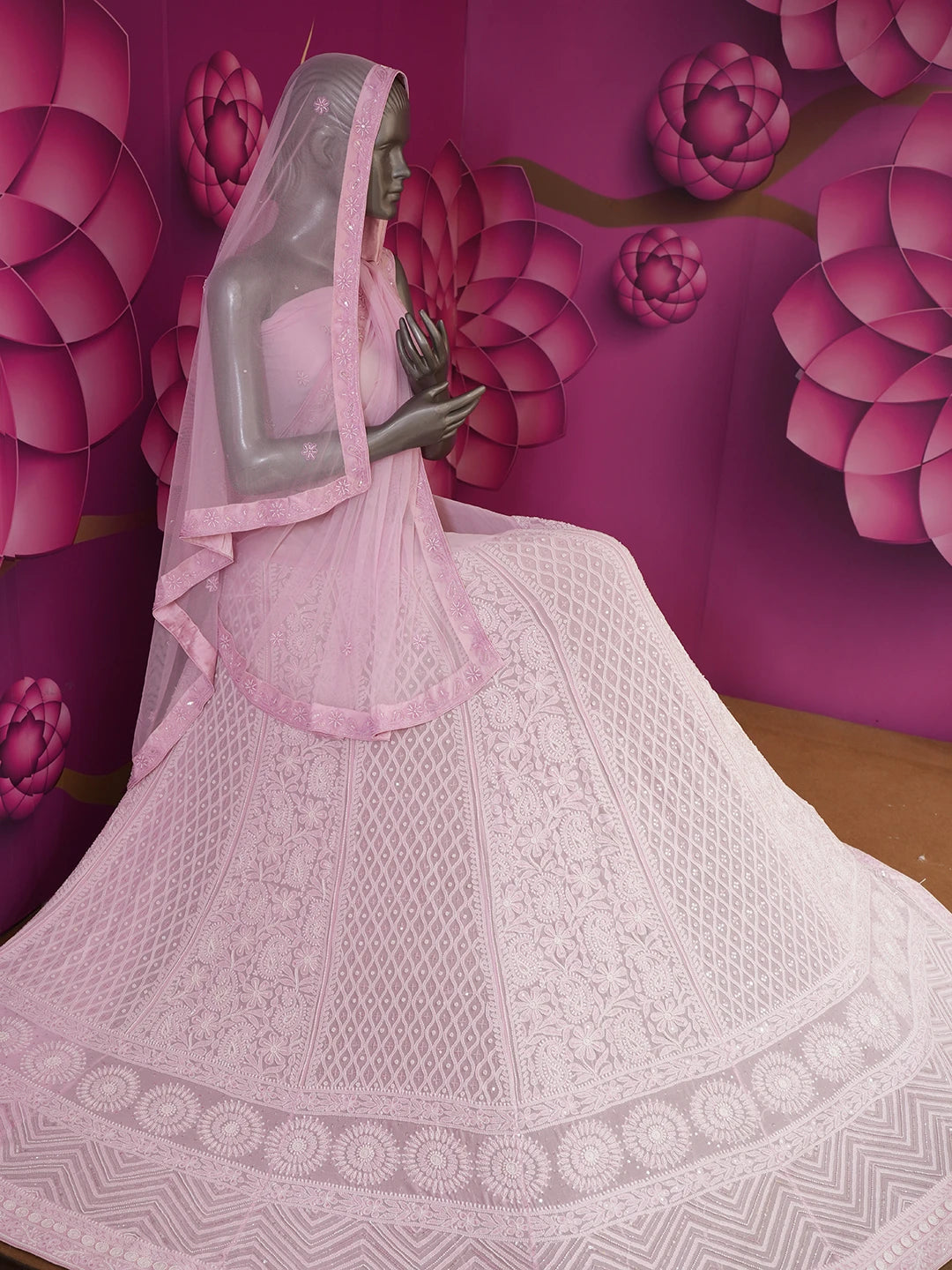 Ada Hand Embroidered Pastel Pink Pure Georgette Lucknowi Chikankari Lehenga Set With Pearl Work 01A273885