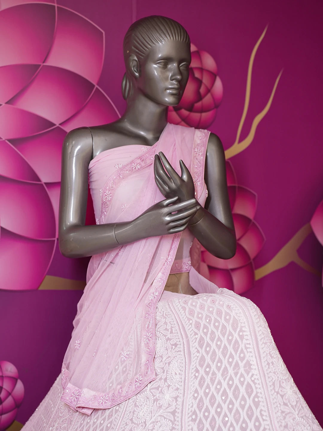 Ada Hand Embroidered Pastel Pink Pure Georgette Lucknowi Chikankari Lehenga Set With Pearl Work 01A273885