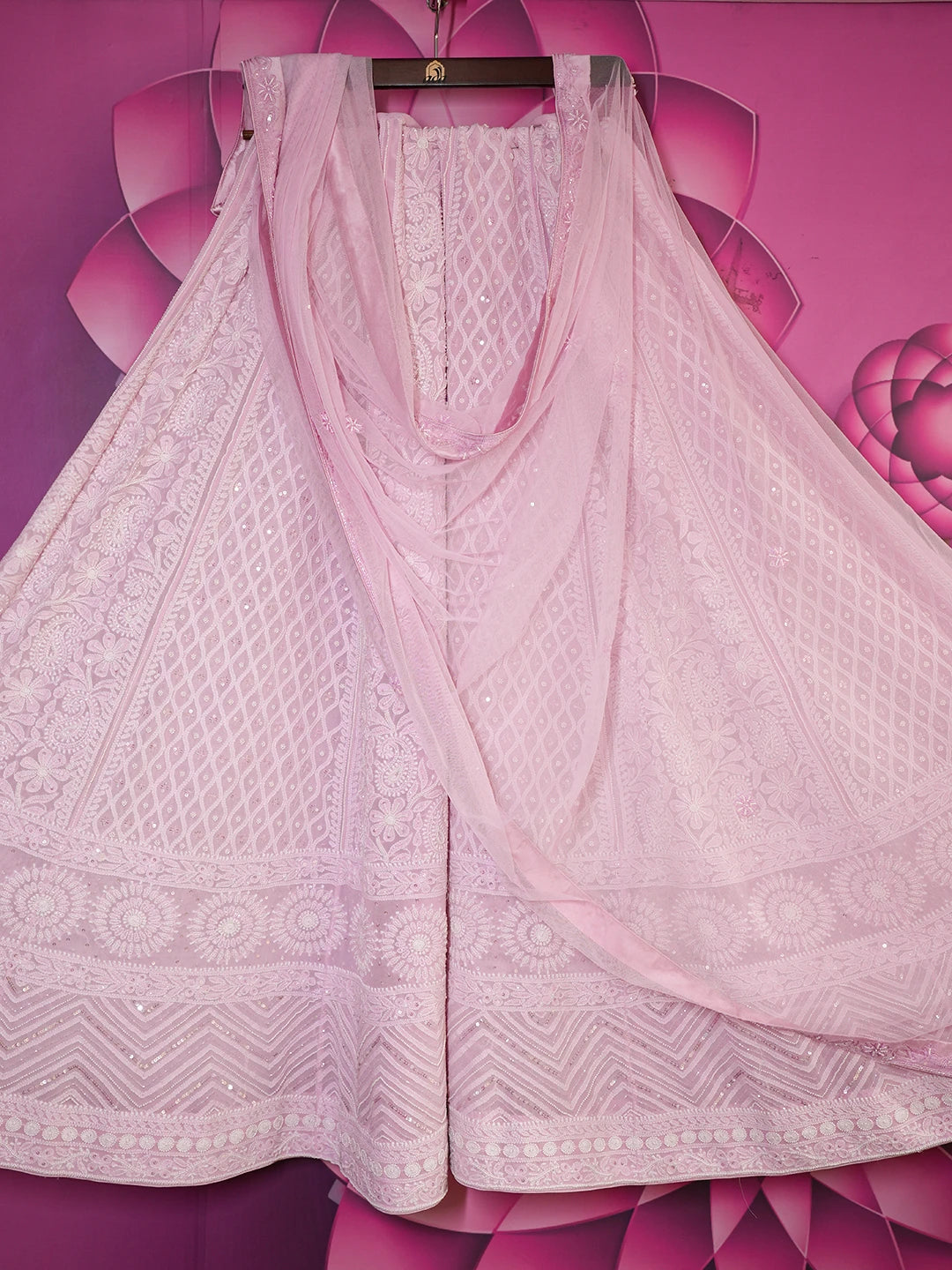 Ada Hand Embroidered Pastel Pink Pure Georgette Lucknowi Chikankari Lehenga Set With Pearl Work 01A273885