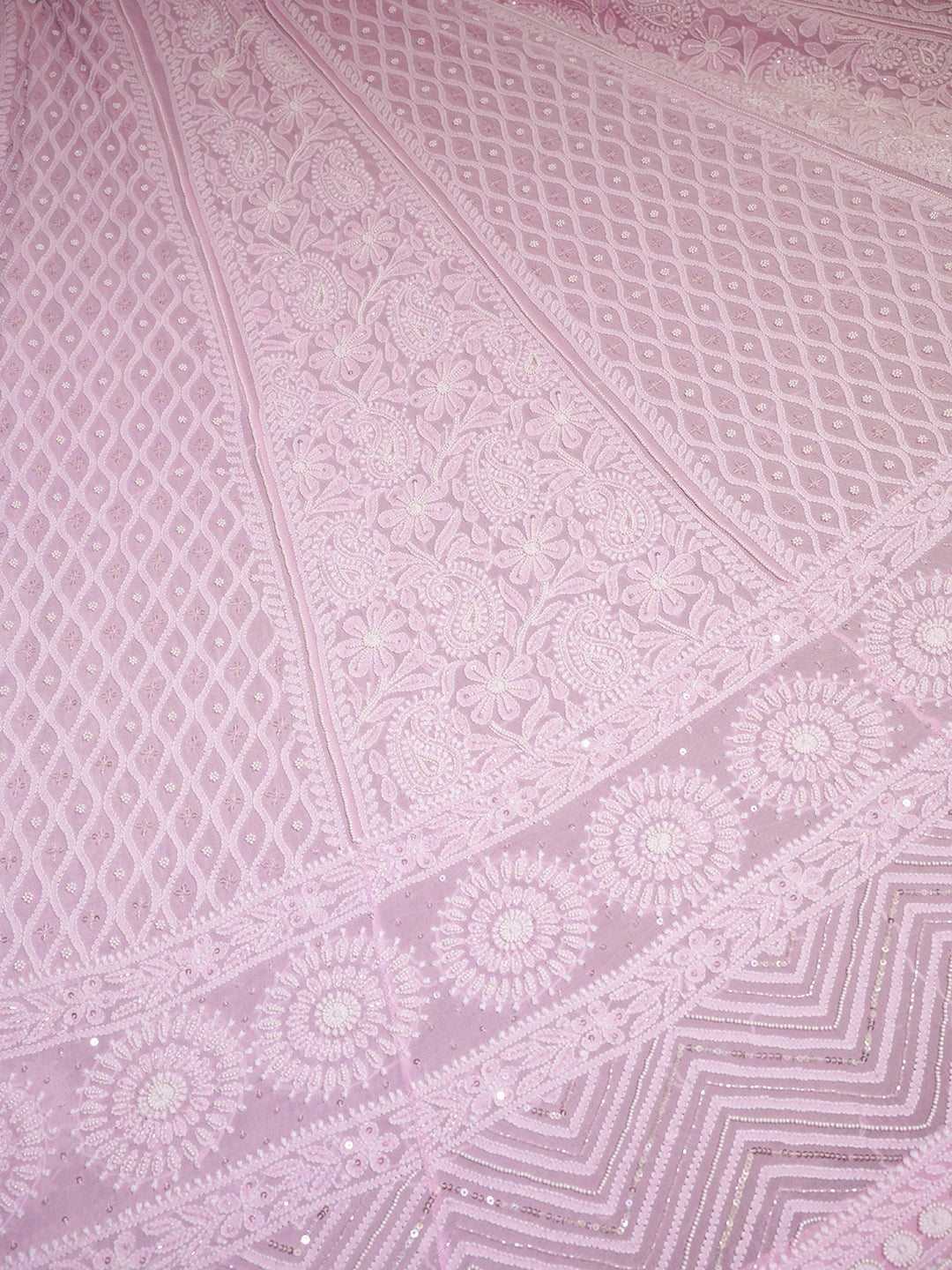 Ada Hand Embroidered Pastel Pink Pure Georgette Lucknowi Chikankari Lehenga Set With Pearl Work 01A273885