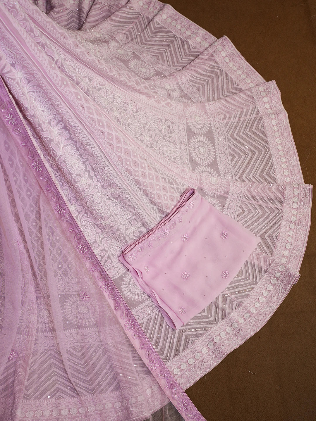 Ada Hand Embroidered Pastel Pink Pure Georgette Lucknowi Chikankari Lehenga Set With Pearl Work 01A273885