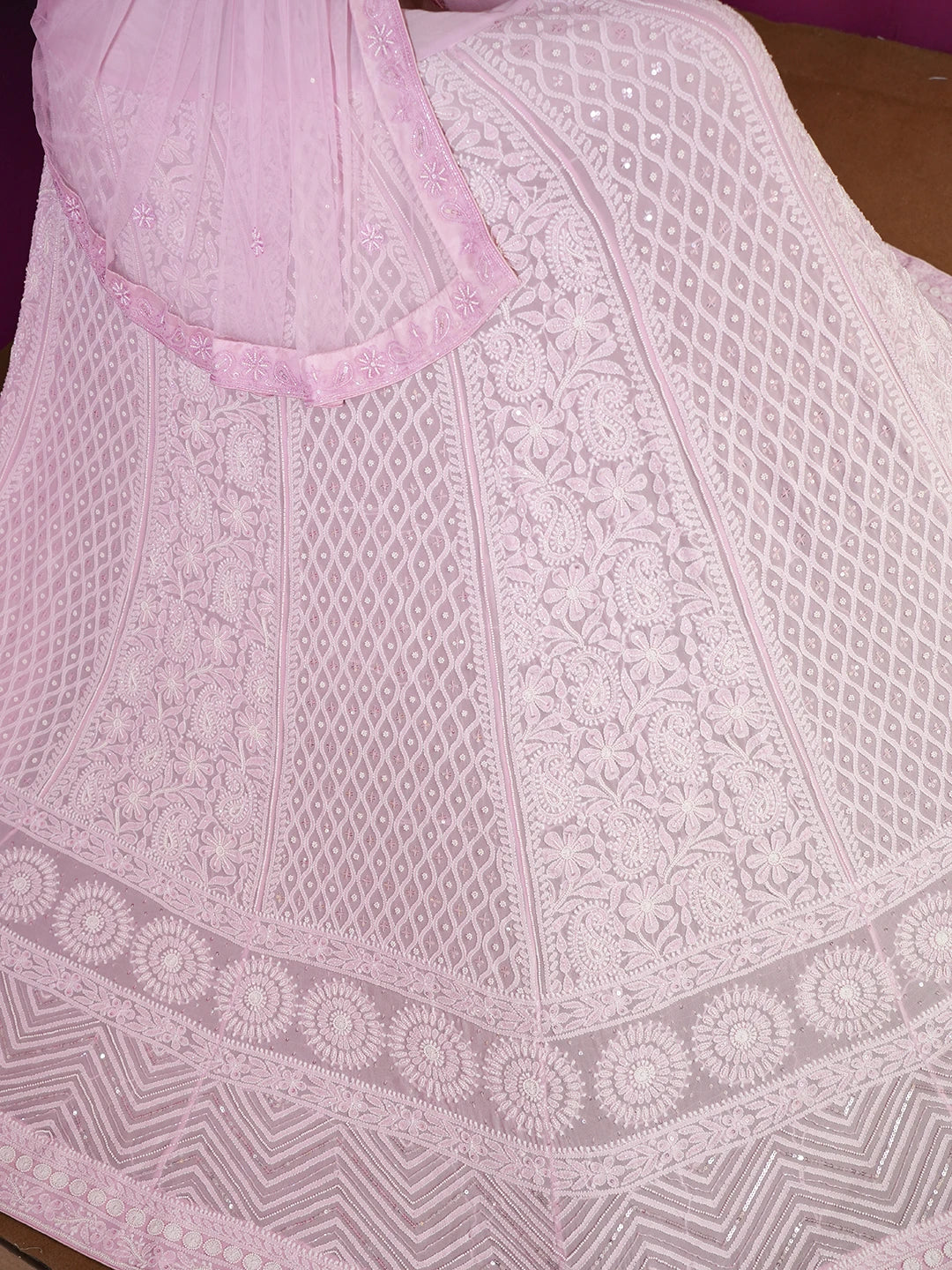 Ada Hand Embroidered Pastel Pink Pure Georgette Lucknowi Chikankari Lehenga Set With Pearl Work 01A273885
