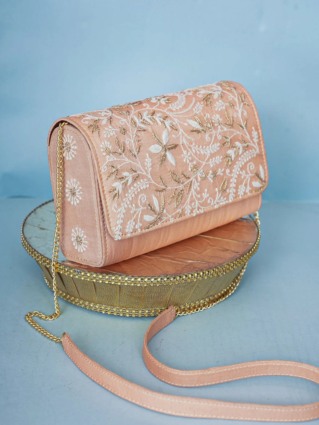 Ada Hand Embroidered Pastel Peach Silk Lucknowi Chikankari Clutch With Zari Work 01A589686