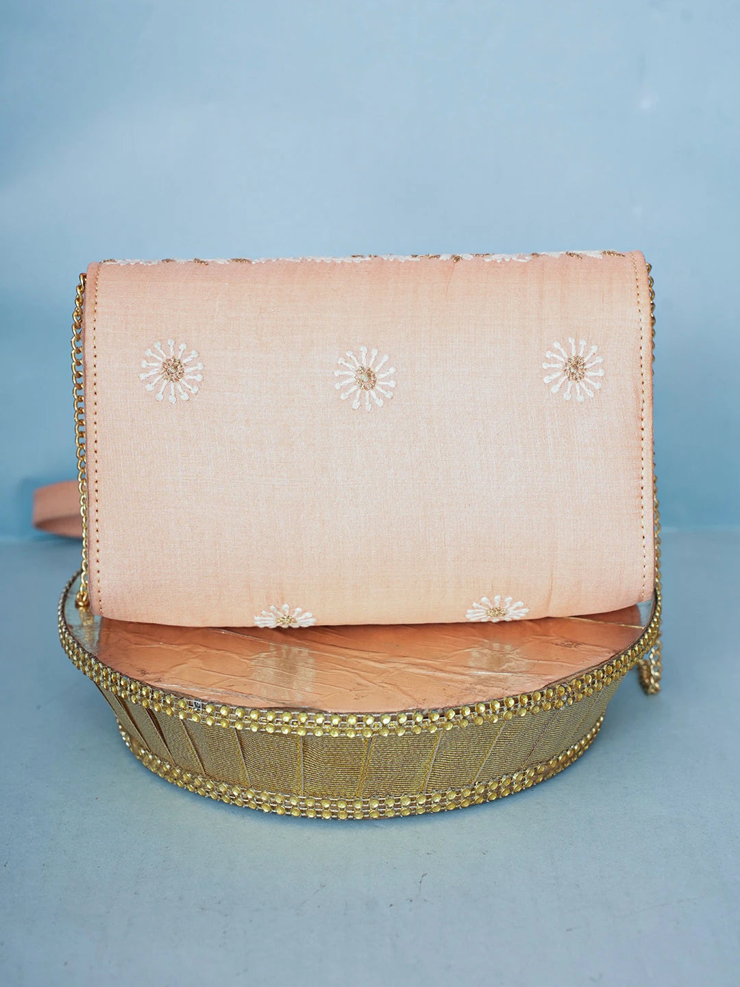 Ada Hand Embroidered Pastel Peach Silk Lucknowi Chikankari Clutch With Zari Work 01A589686