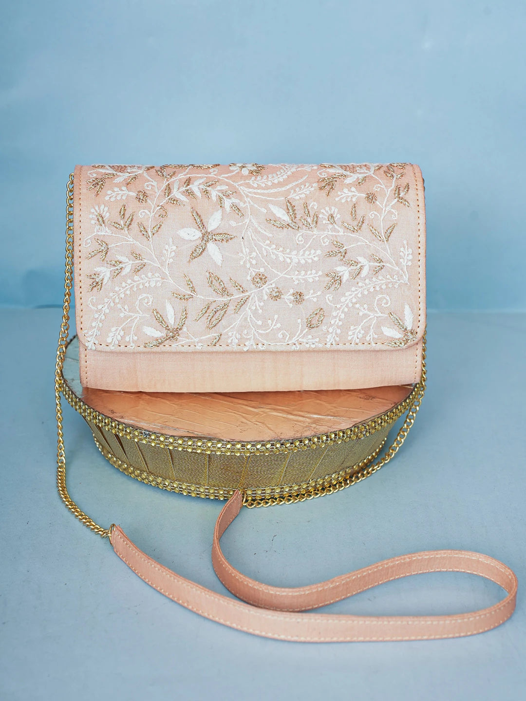 Ada Hand Embroidered Pastel Peach Silk Lucknowi Chikankari Clutch With Zari Work 01A589686