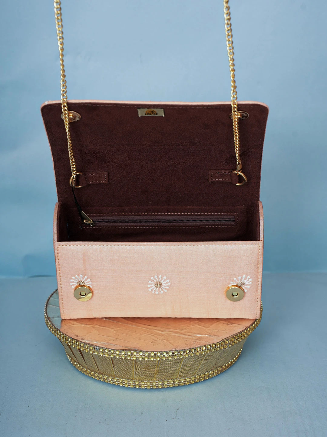 Ada Hand Embroidered Pastel Peach Silk Lucknowi Chikankari Clutch With Zari Work 01A589686