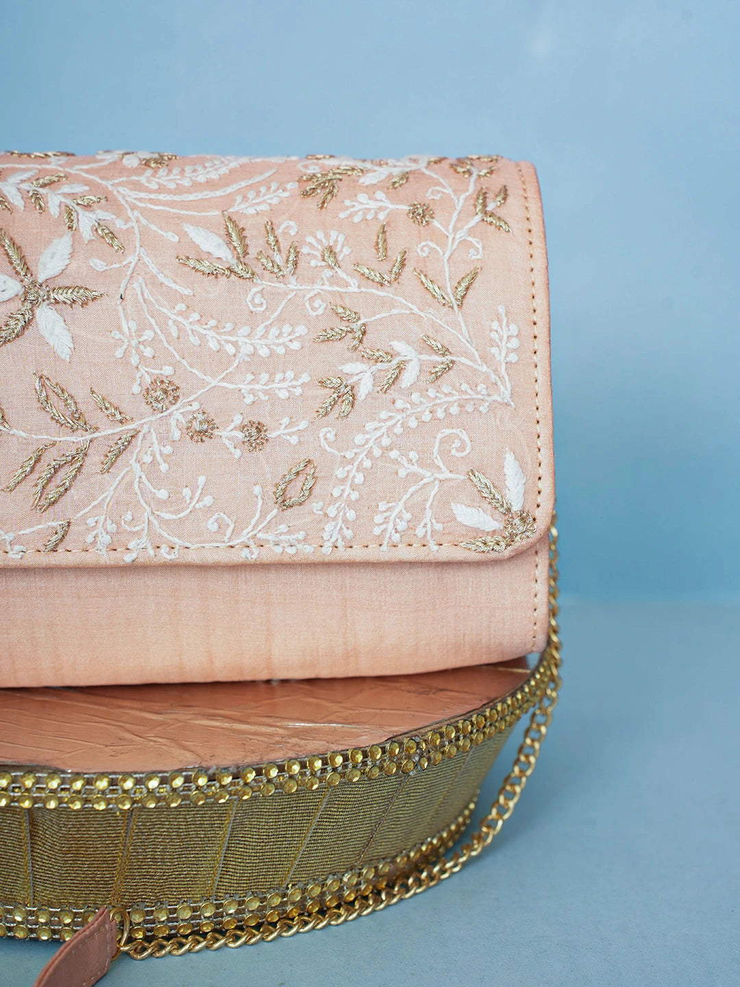 Ada Hand Embroidered Pastel Peach Silk Lucknowi Chikankari Clutch With Zari Work 01A589686