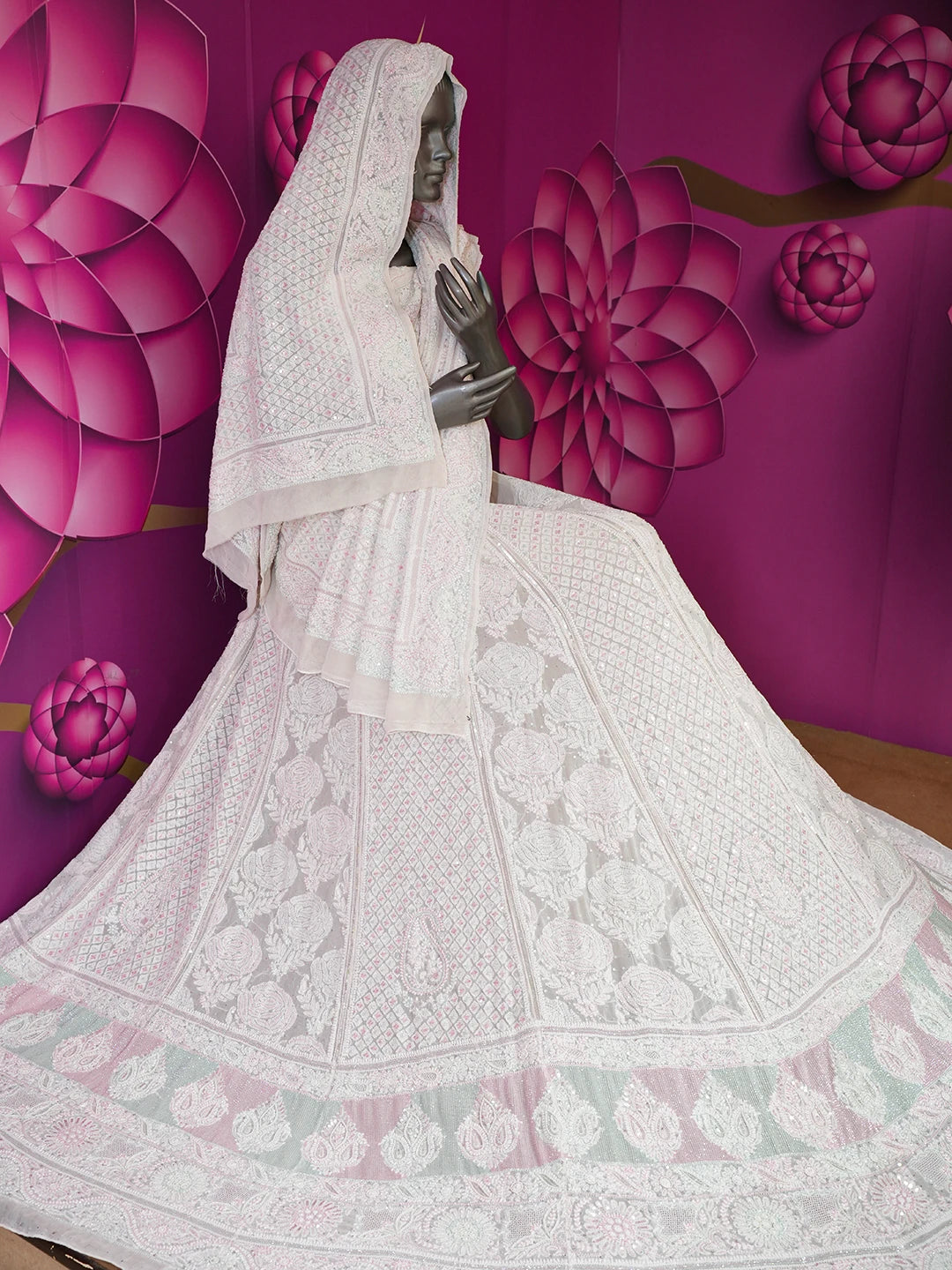 Ada Hand Embroidered White Pure Georgette Lucknowi Chikankari Lehenga Set With Pearl Work 01A542475
